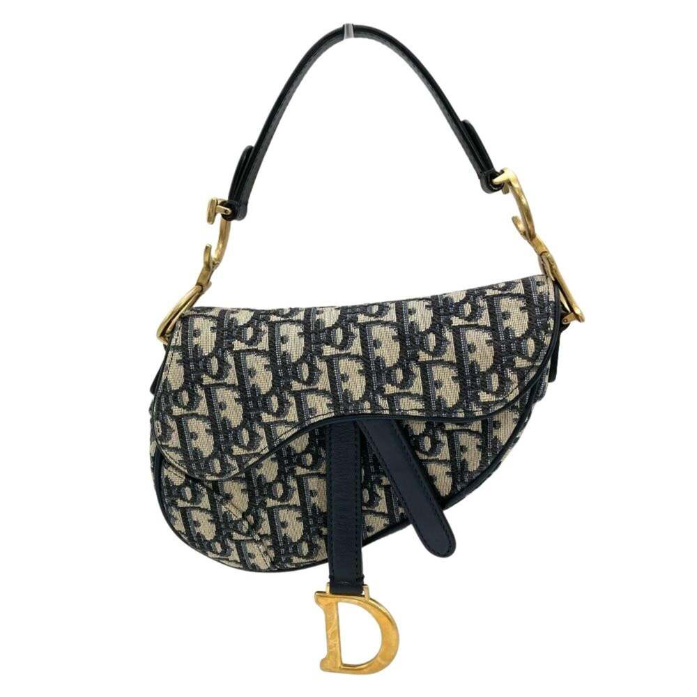 Christian Dior Dior Saddle Bag Mini Shoulder 2-Way Navy Gold Hardware Oblique...